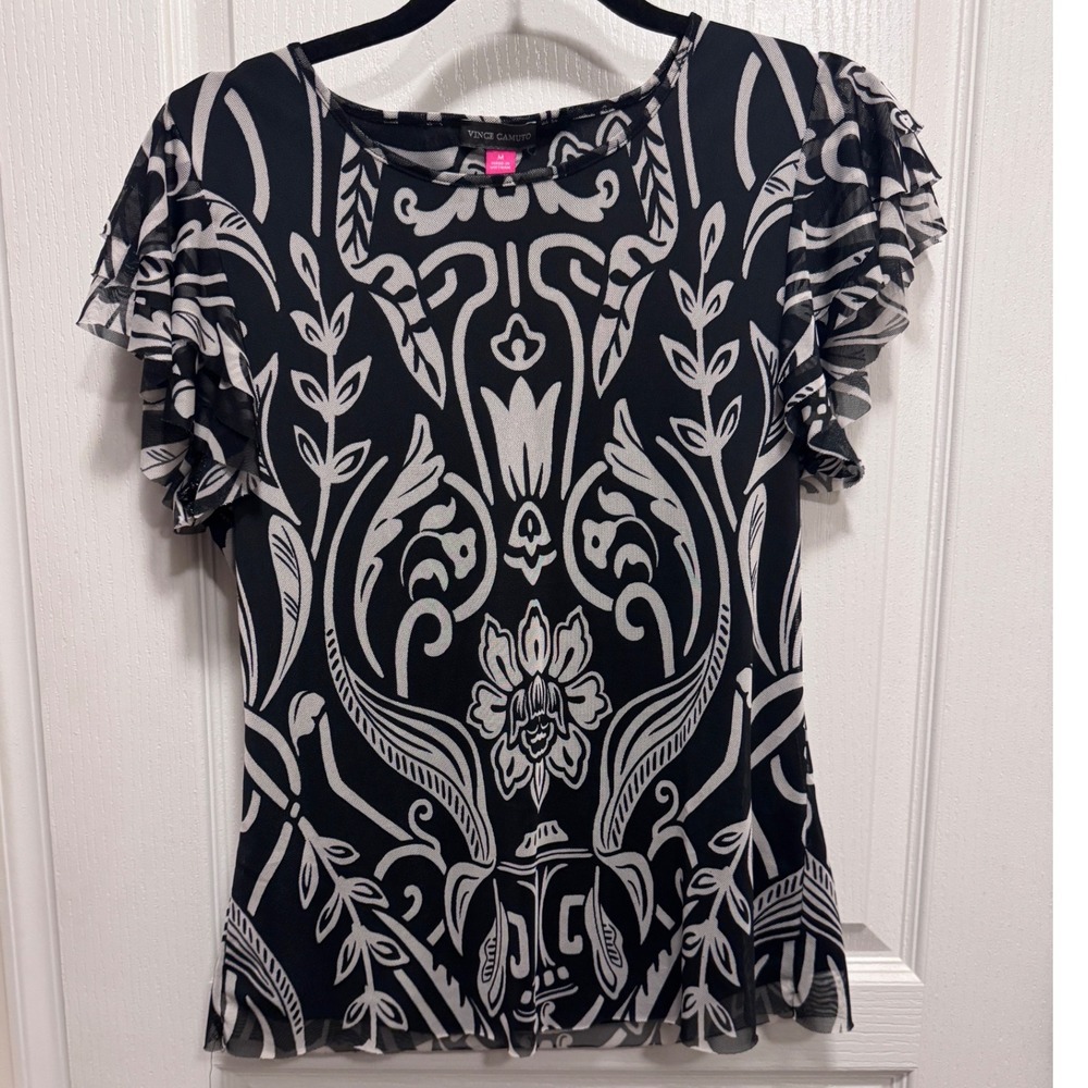 Vince Camuto Womens Black White Damask Mesh Flutter Sleeve Blouse Top M